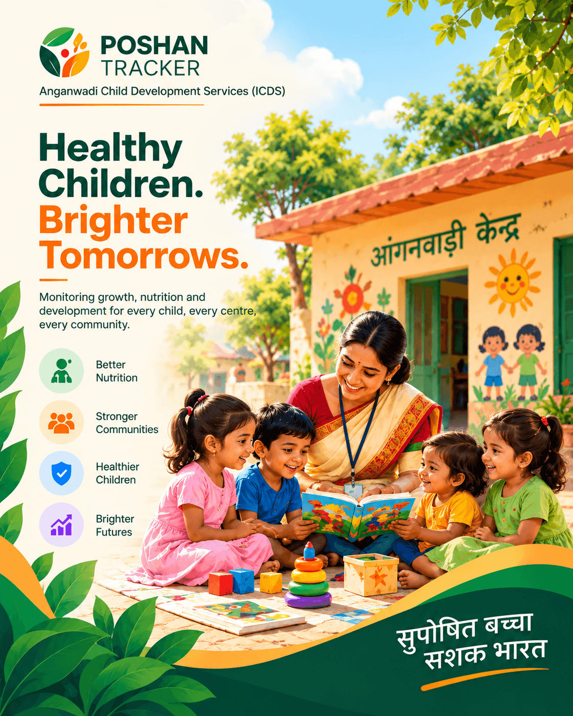 Poshan Tracker: Healthy children, brighter tomorrows. An Anganwadi worker reading with children outside an Anganwadi centre.
